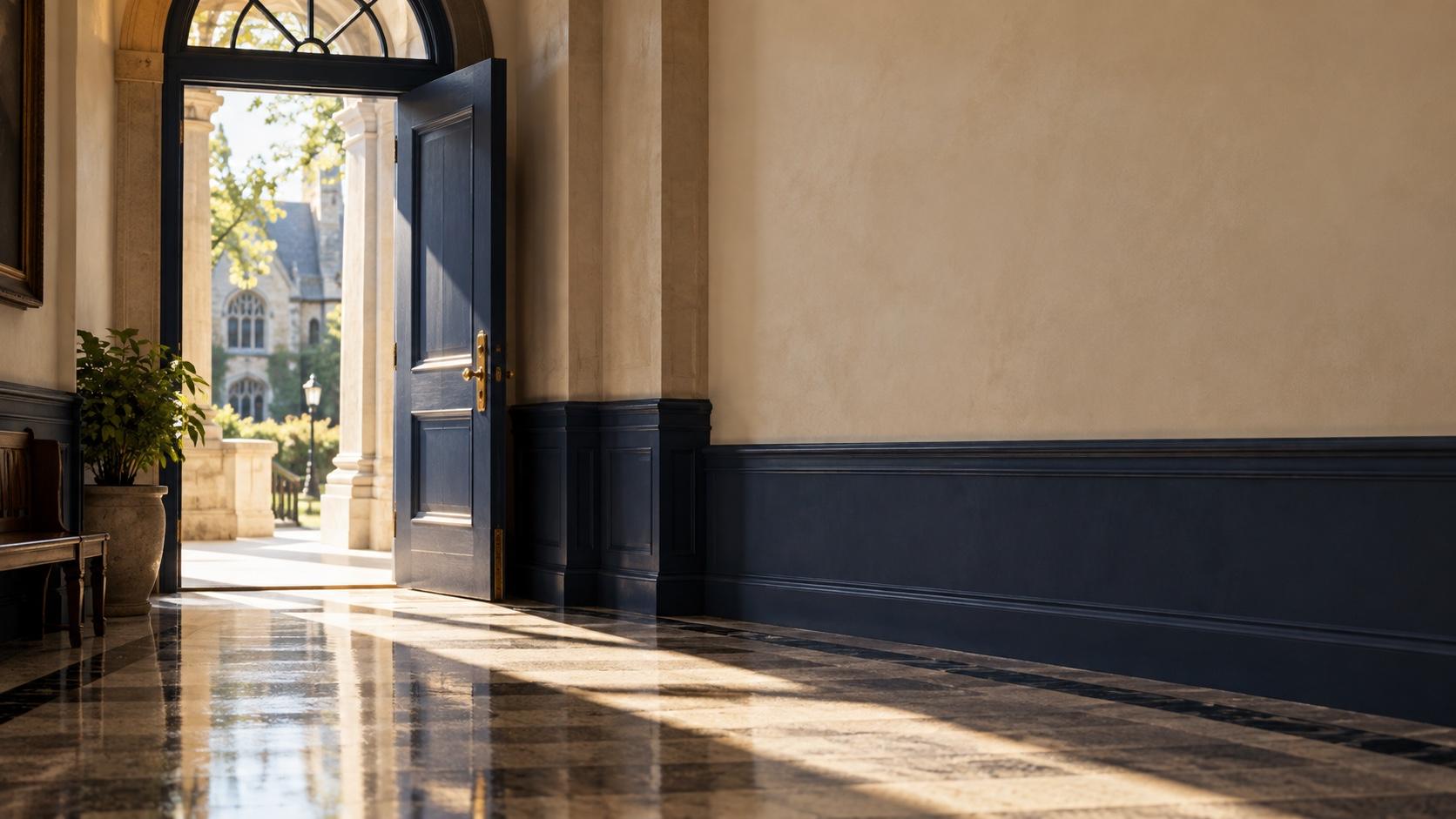 A tall panelled door standing open in a stone hallway, daylight and a courtyard beyond it falling across the polished floor.