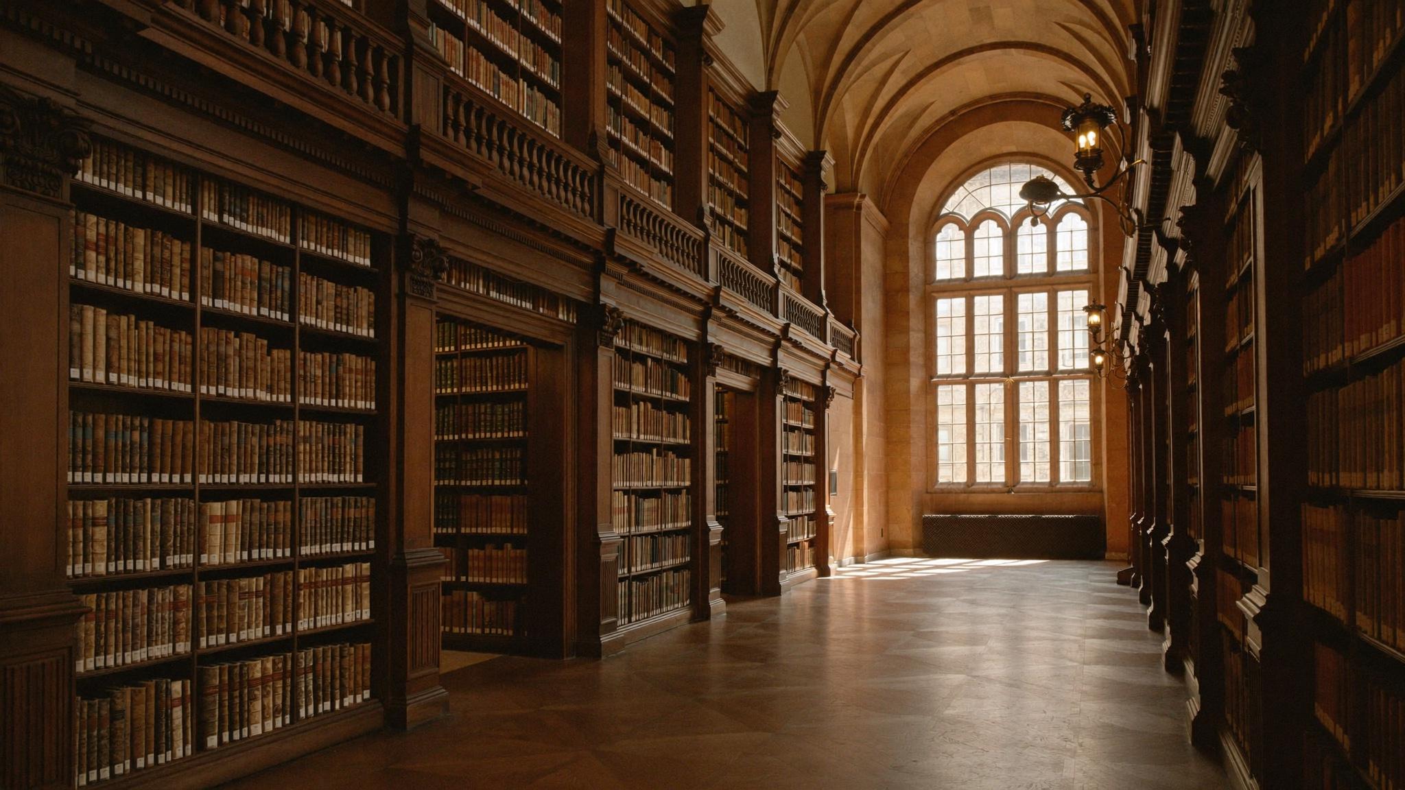 A long aisle of a historic library, walnut shelves of bound volumes receding toward a tall arched window filled with daylight.